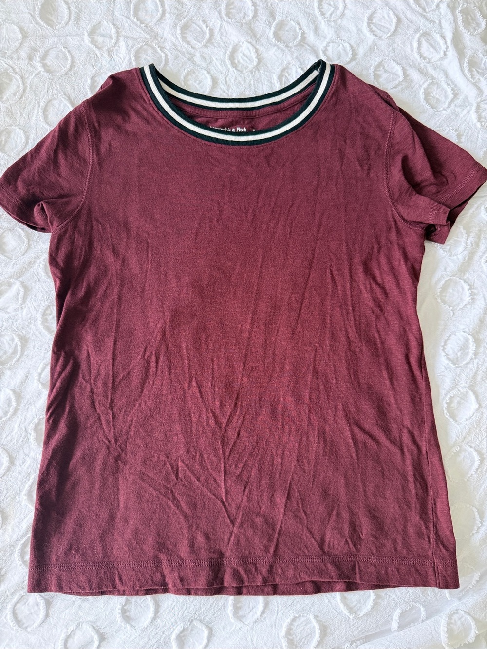 Maroon Short Sleeve Tee with Striped Collar - Casual Women’s Top